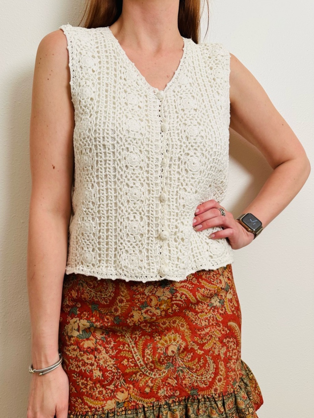 Vintage Knitted by Hand Shenanigans Crochet Vest Off-White Cotton Boho Cottage